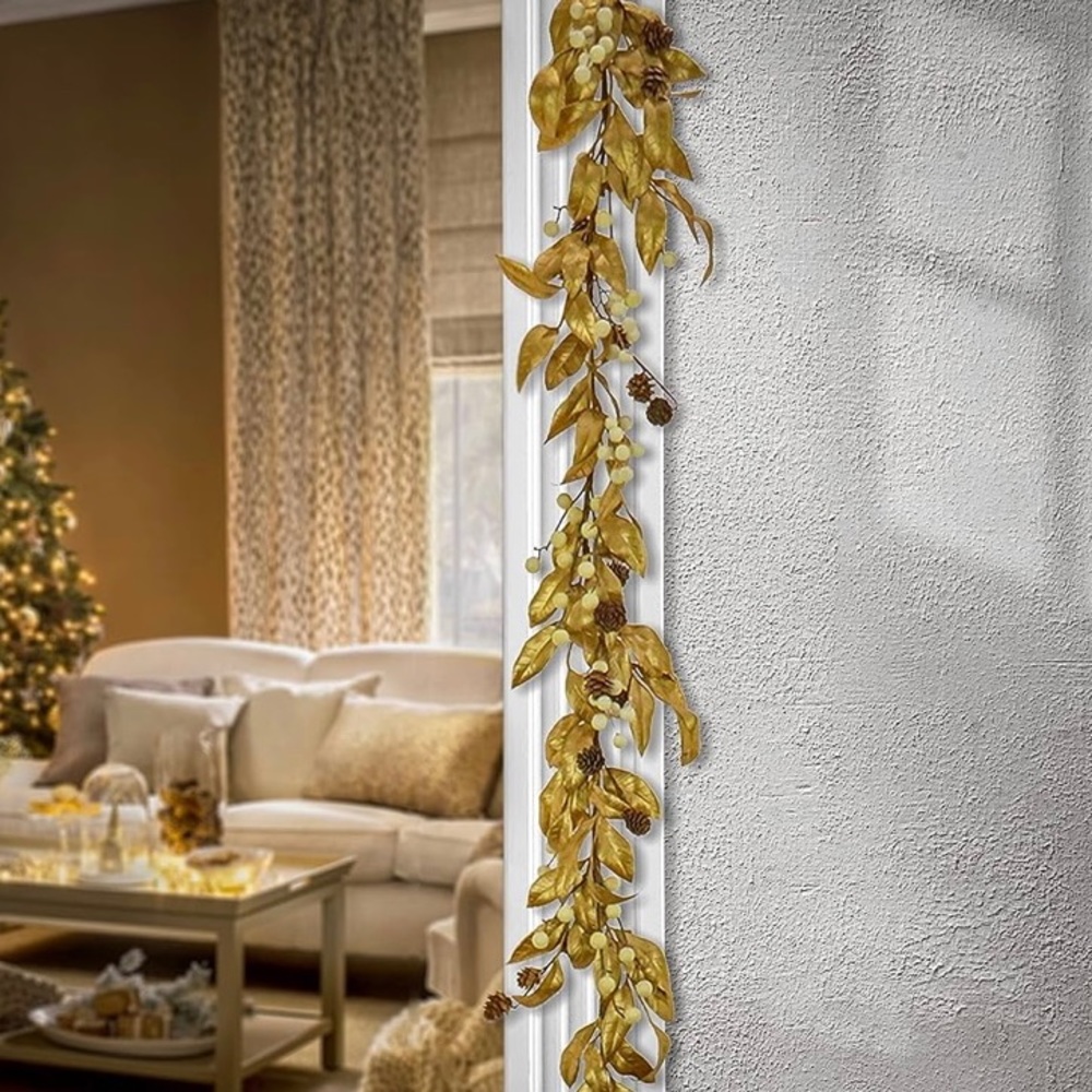 HGTV Home Collection Unlit Christmas Garland, Metallic Gold Laurel Leaves, 6 Ft
